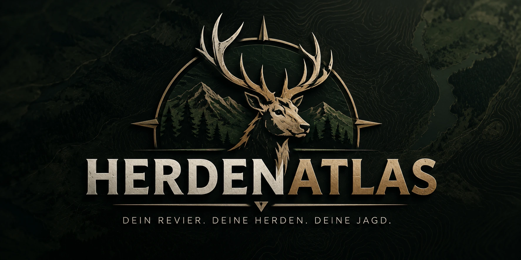 Offizieller HerdenAtlas-Entwurf: Hirsch vor Berg- und Waldlandschaft, eingerahmt von einem Kompass, in Dunkelgrün und Bronze. Schriftzug HerdenAtlas und Claim Dein Revier. Deine Herden. Deine Jagd.